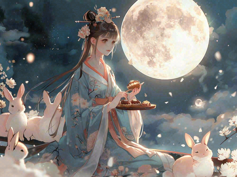 中秋节嫦娥玉兔月下嫦娥手捧月饼插图卡通唯美手绘可爱古风插画壁纸背景(1264x944)