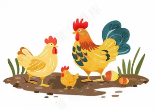 大公鸡小鸡鸡蛋卡通插画免抠