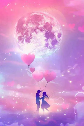 宇宙星空情人浪漫七夕爱心气球粉紫色云朵天空插画背景