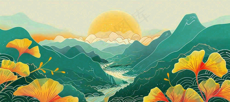 国潮风中国山水秋天落日银杏青山中秋重阳插画背景(1568x698)