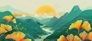国潮风中国山水秋天落日银杏青山中秋重阳插画背景