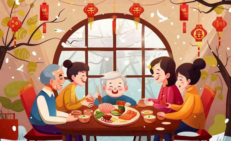 新年春节除夕夜一家人团圆饭节日团聚温馨温暖卡通插画背景