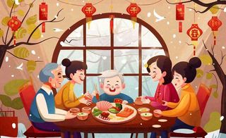 新年春节除夕夜一家人团圆饭节日团聚温馨温暖卡通插画背景