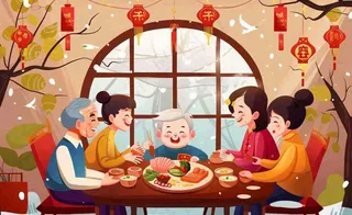 新年春节除夕夜一家人团圆饭节日团聚温馨温暖卡通插画背景