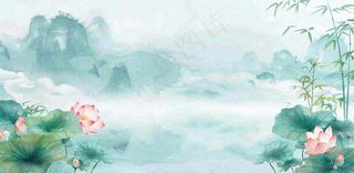绿色荷花荷叶山水船立夏天夏至中式手绘风景中国风国画大暑小暑插画背景