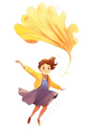 女孩少女拿着黄叶起舞美丽的裙摆卡通插画免抠