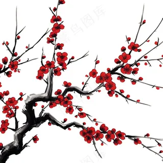 梅花红色冬天国画水彩画免抠