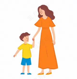 妈妈牵着小孩母子母亲节卡通插画免抠