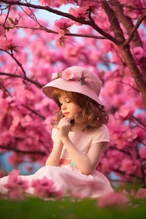 春天樱花树下的女孩唯美粉色背景摄影图