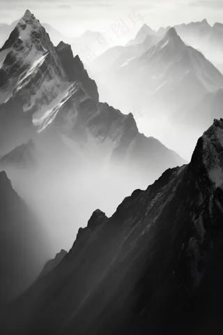 山川山峰层峦叠嶂黑白摄影图