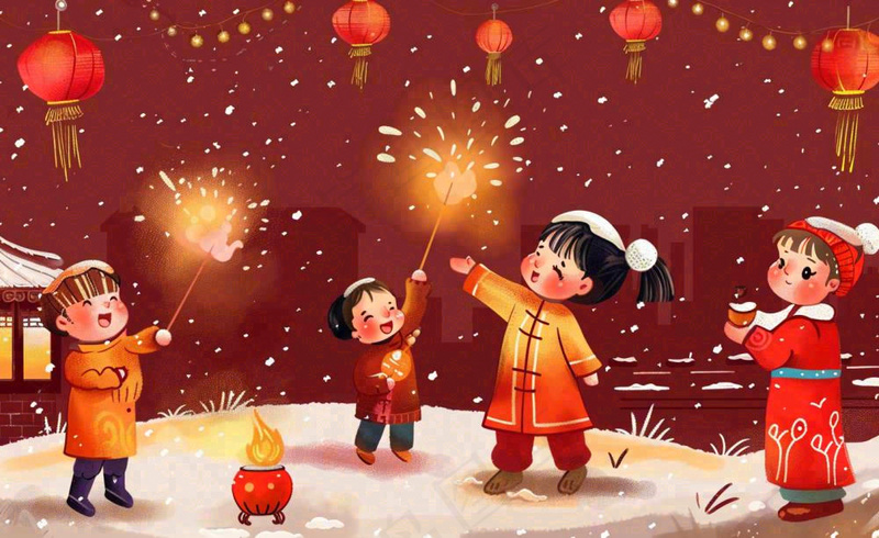 卡通新年除夕夜孩童放烟花鞭炮团聚喜庆春节插画过年背景(1408x864)