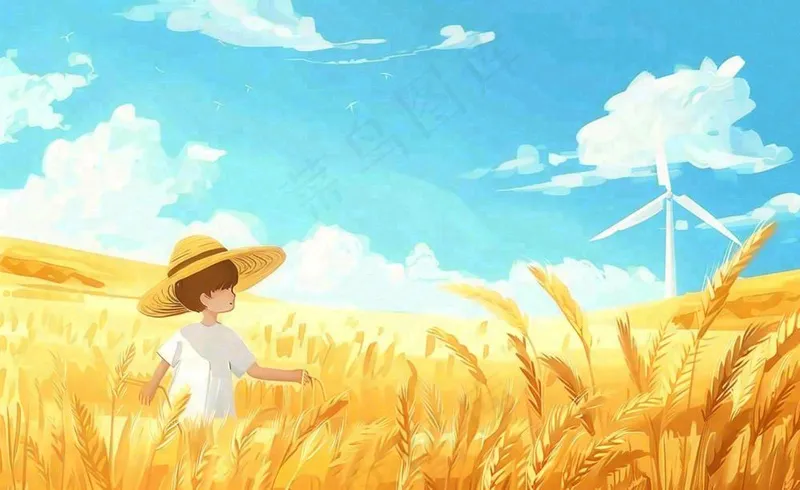 金秋秋天丰收麦田风车男孩人物小麦稻穗立秋秋分处暑芒种卡通插画背景(1408x864)