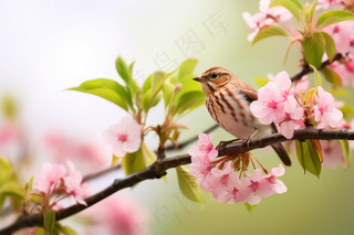 春天桃花树枝上的小鸟摄影图