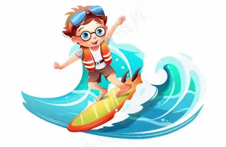 冲浪的少年男孩浪花运动卡通人物插画免抠