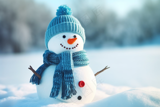 冬季白雪地里的小雪人可爱摄影图