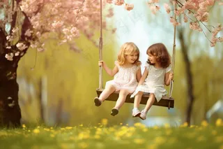 秋天荡秋千的女孩童话公主摄影图