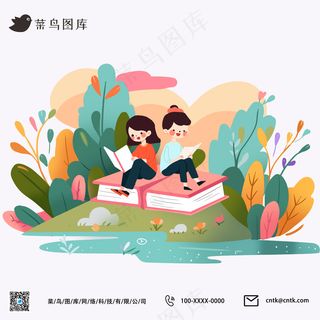 卡通手绘书店阅读读书教育学习看书创意插画