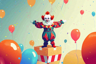 小丑搞怪马戏团游乐园愚人节气球彩带庆祝卡通插画背景