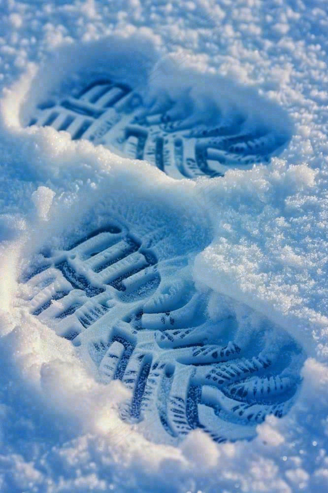 冬天雪地里的脚印蓝白色小雪大雪摄影图(896x1344)