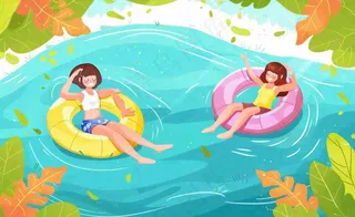 夏天游泳泳池人物游泳女孩蓝色背景泳圈夏日运动立夏大暑小暑夏至卡通插画背景