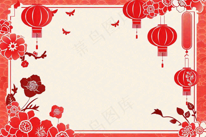 红色剪贴纸边框红灯笼红花梅花喜庆节日新年春节小年除夕插画背景(1344x896)