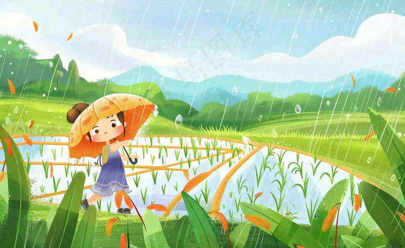 卡通女孩人物打雨伞春游踏青节气雨水谷雨春天春分绿色卡通插画背景(1408x864)