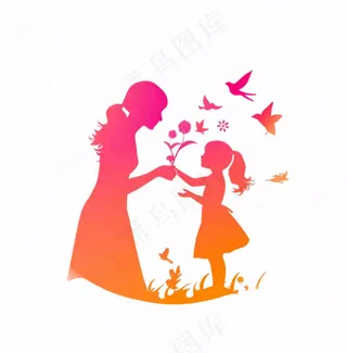 母亲节送花女儿给妈妈剪影亲情人物插画免抠