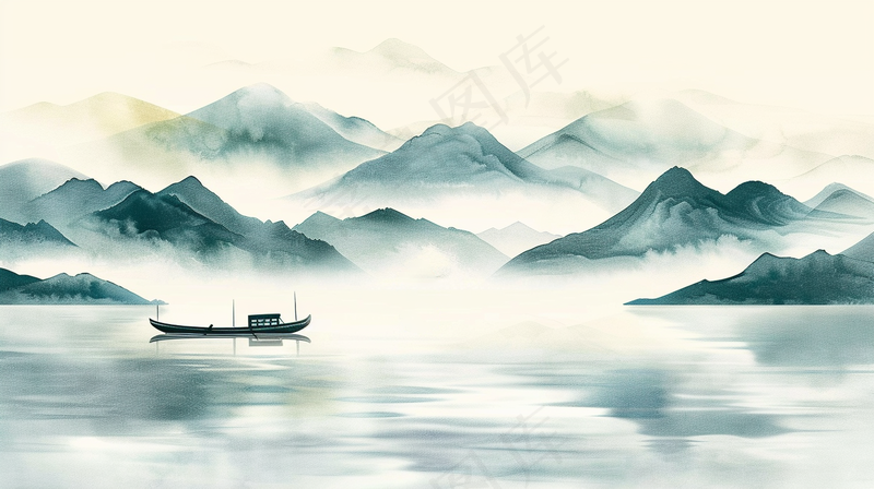 水墨山水画小船河面山川连绵国画插画背景(4368x2448)