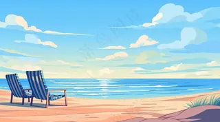 夏日海滩沙滩椅海浪卡通插画背景