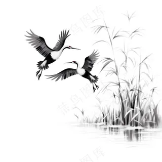 仙鹤白鹤飞过水草芦苇水墨画插画免抠