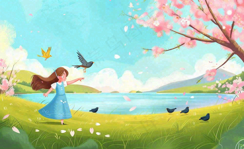唯美治愈春天女孩踏青旅游立春春分惊蛰卡通插画背景(1408x864)