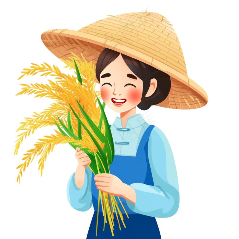 抱着稻穗麦穗的女孩农民卡通插画免抠(1024x1024)