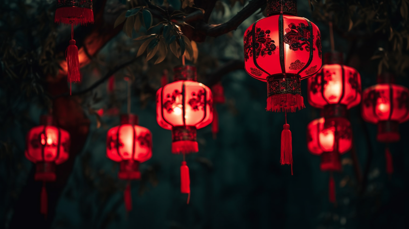 新年树梢挂着红灯笼喜庆摄影图(4368x2448)
