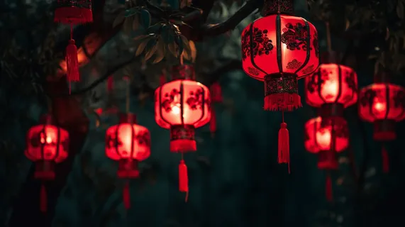 新年树梢挂着红灯笼喜庆摄影图