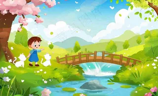 春天出游踏青森林公园小溪小桥樱花小孩宠物立春春分惊蛰绿色卡通插画背景