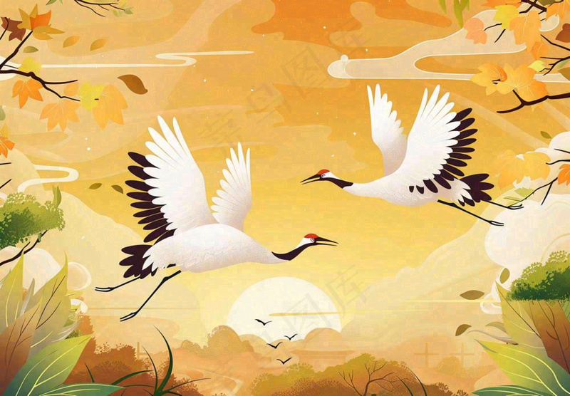 金色银杏仙鹤重阳节山脉中式祥云山水秋天古风中国风手绘背景重阳节