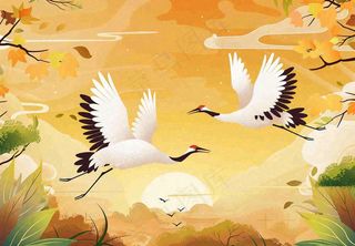 金色银杏仙鹤重阳节山脉中式祥云山水秋天古风中国风手绘背景重阳节