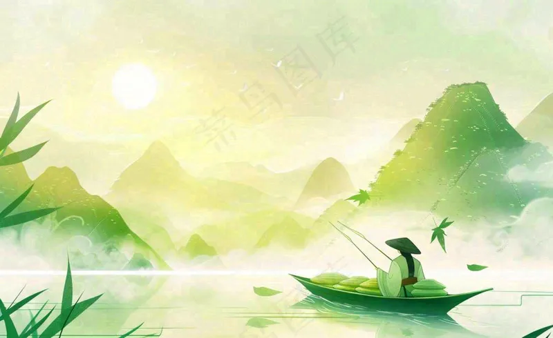 端午时节青山绿水泛舟竹叶中国风插画背景(1408x864)
