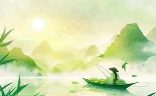 端午时节青山绿水泛舟竹叶中国风插画背景