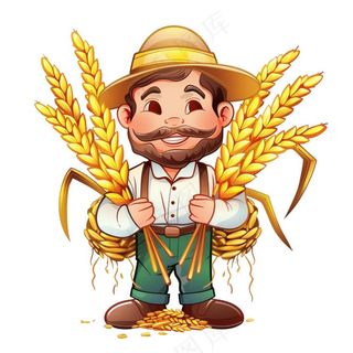 农民抱着稻穗麦穗粮食劳动卡通插画免抠