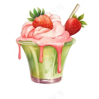 草莓抹茶奶茶冰淇淋奶茶美味夏日卡通插画免抠