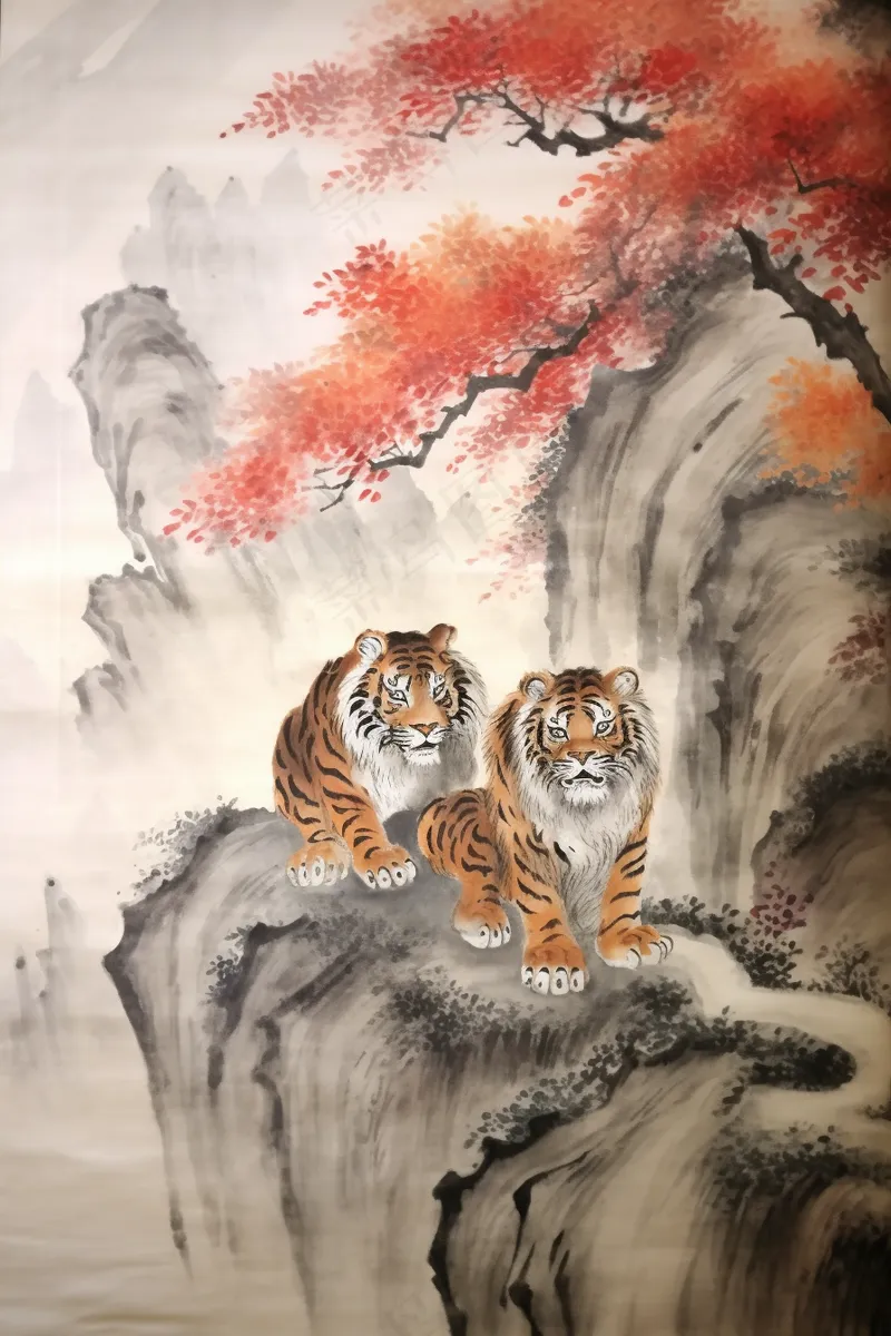 悬崖峭壁上的老虎动物山峦国画水墨画素材背景(2688x4032)