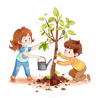 植树节学生们植树浇水爱护环境卡通插画免抠