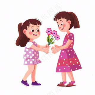 母亲节送花孩子给妈妈送花亲情人物卡通插画免抠