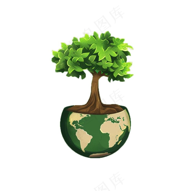 世界地球上的大树绿色卡通插画免抠