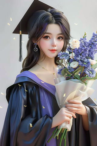 毕业季学士服花束毕业啦3d插画人物建模