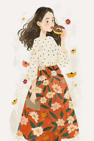 吃甜甜圈的少女花裙鲜花插画背景
