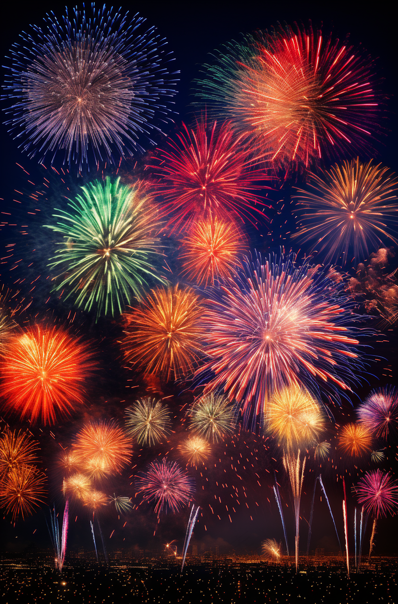 烟花五颜六色的烟花庆典新年节日暮色的天空背景摄影图(2688x4080)