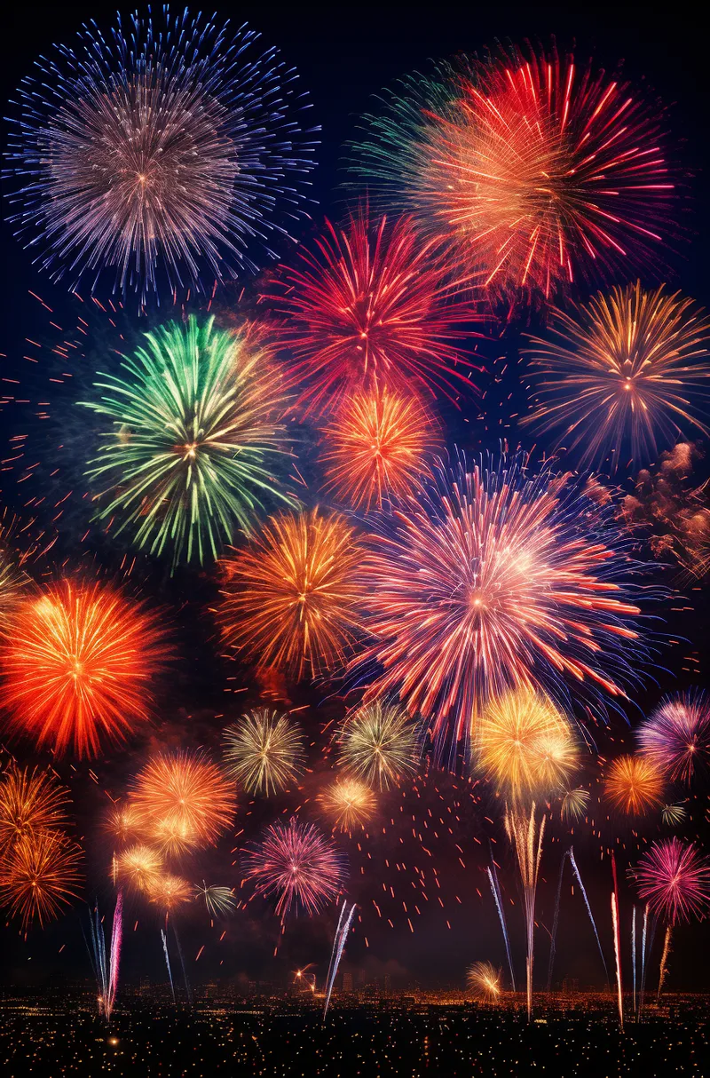 烟花五颜六色的烟花庆典新年节日暮色的天空背景摄影图(2688x4080)