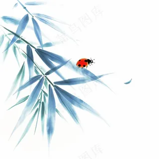 竹叶上的昆虫翠蓝水墨中国风插画免抠